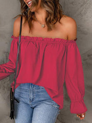 One-neck chiffon shirt solid color pullover sexy off-the-shoulder top - 808Lush