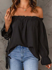 One-neck chiffon shirt solid color pullover sexy off-the-shoulder top - 808Lush