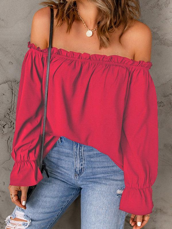 One-neck chiffon shirt solid color pullover sexy off-the-shoulder top - 808Lush