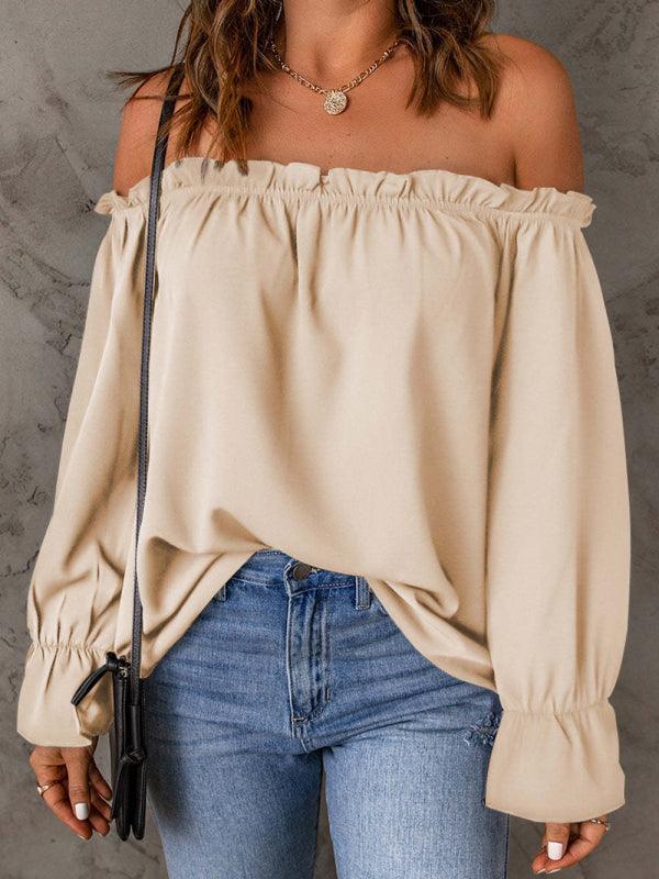 One-neck chiffon shirt solid color pullover sexy off-the-shoulder top - 808Lush