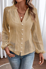 Openwork Button Up Long Sleeve Shirt - 808Lush