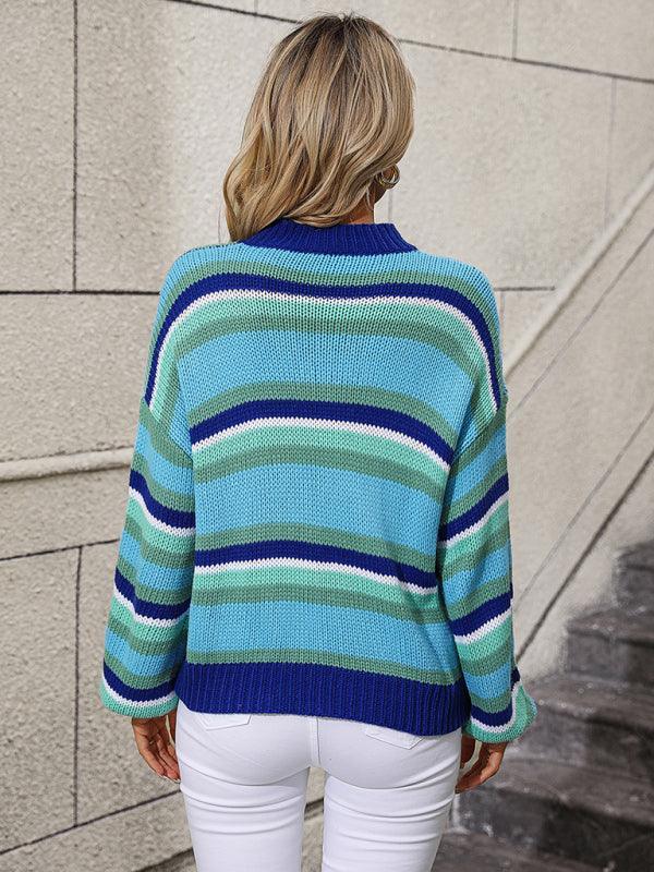 Paneled Knit Loose Intercolor Crewneck Striped Sweater - 808Lush