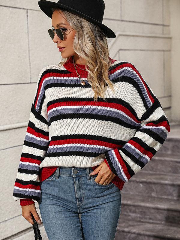 Paneled Knit Loose Intercolor Crewneck Striped Sweater - 808Lush