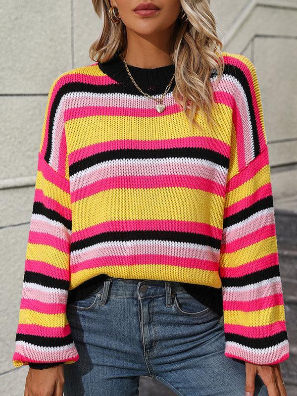 Paneled Knit Loose Intercolor Crewneck Striped Sweater - 808Lush