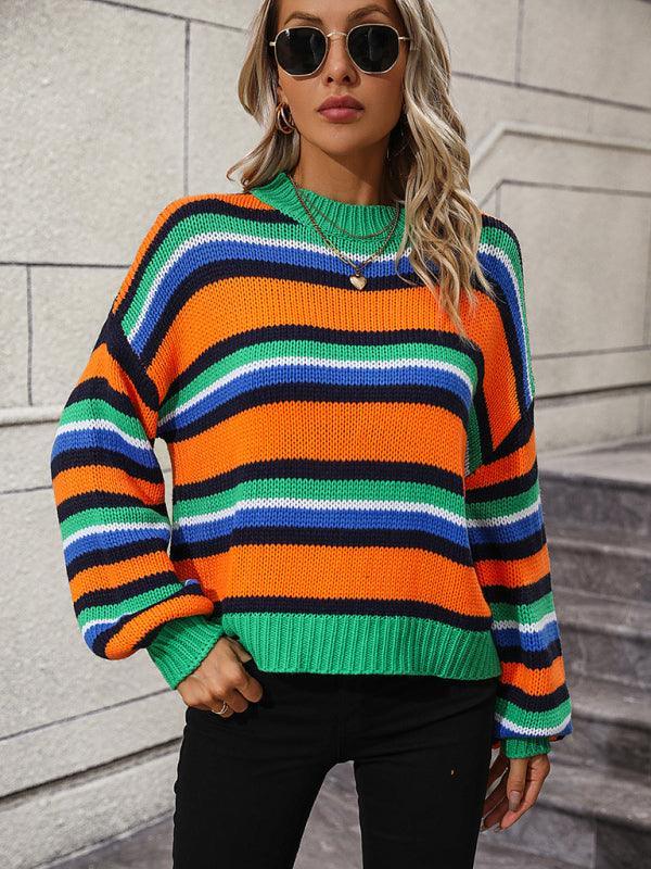 Paneled Knit Loose Intercolor Crewneck Striped Sweater - 808Lush