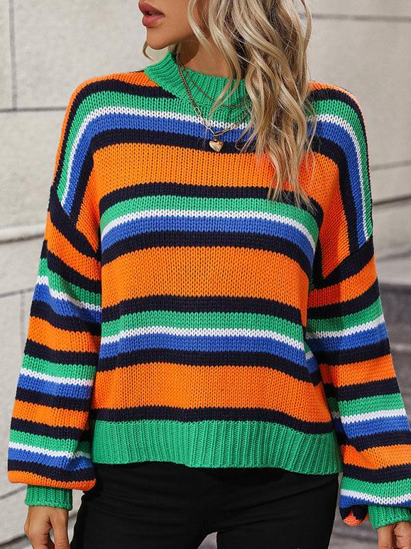 Paneled Knit Loose Intercolor Crewneck Striped Sweater - 808Lush