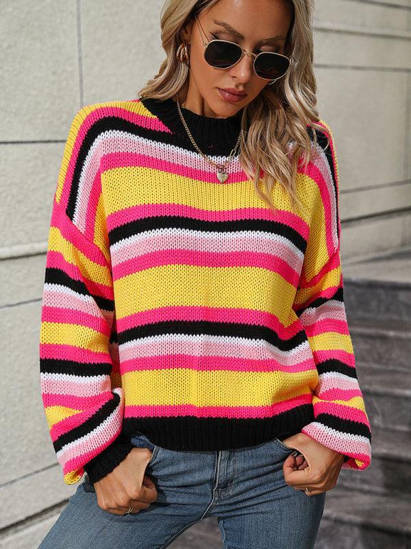 Paneled Knit Loose Intercolor Crewneck Striped Sweater - 808Lush