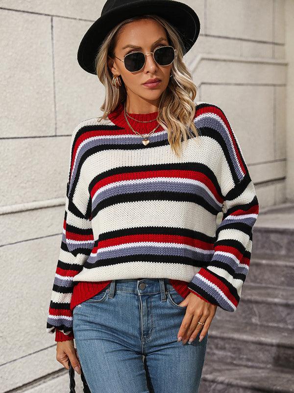 Paneled Knit Loose Intercolor Crewneck Striped Sweater - 808Lush