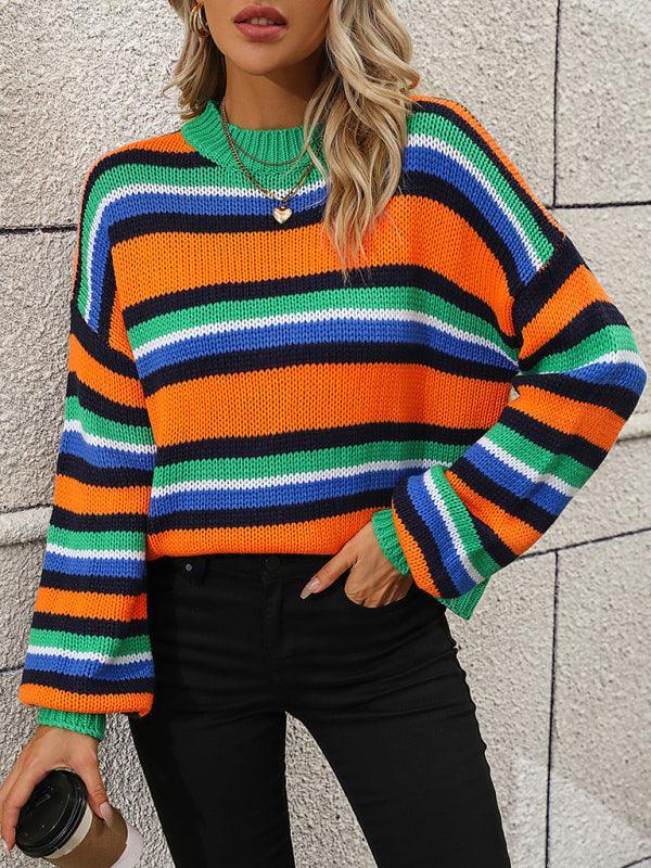 Paneled Knit Loose Intercolor Crewneck Striped Sweater - 808Lush