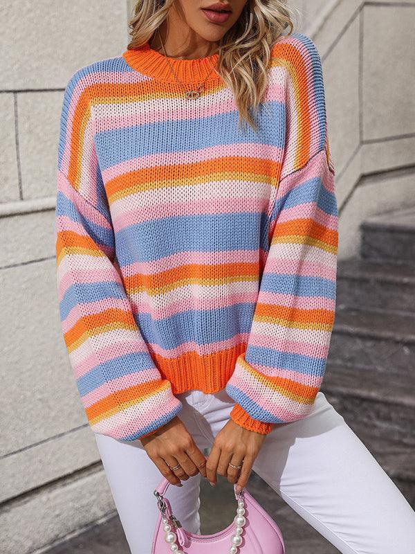 Paneled Knit Loose Intercolor Crewneck Striped Sweater - 808Lush