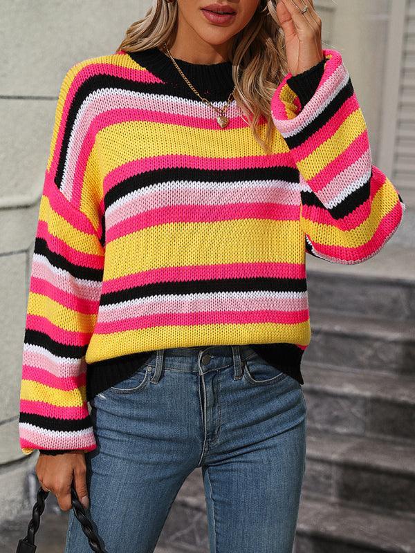 Paneled Knit Loose Intercolor Crewneck Striped Sweater - 808Lush