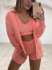 Plush casual three-piece jacket vest shorts sports suit set - 808Lush