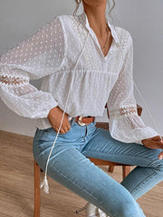 Polka Dot Chiffon Lace Panel Loose Commuting Blouse - 808Lush
