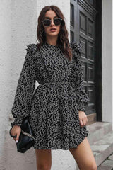 Printed Ruffle Trim Smocked Long Sleeve Mini Dress - 808Lush