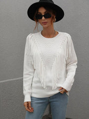 Pullover loose solid color knit fringed sweater - 808Lush