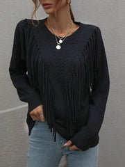 Pullover loose solid color knit fringed sweater - 808Lush