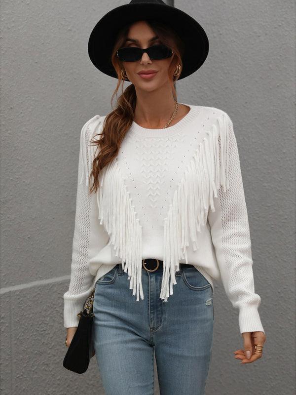 Pullover loose solid color knit fringed sweater - 808Lush