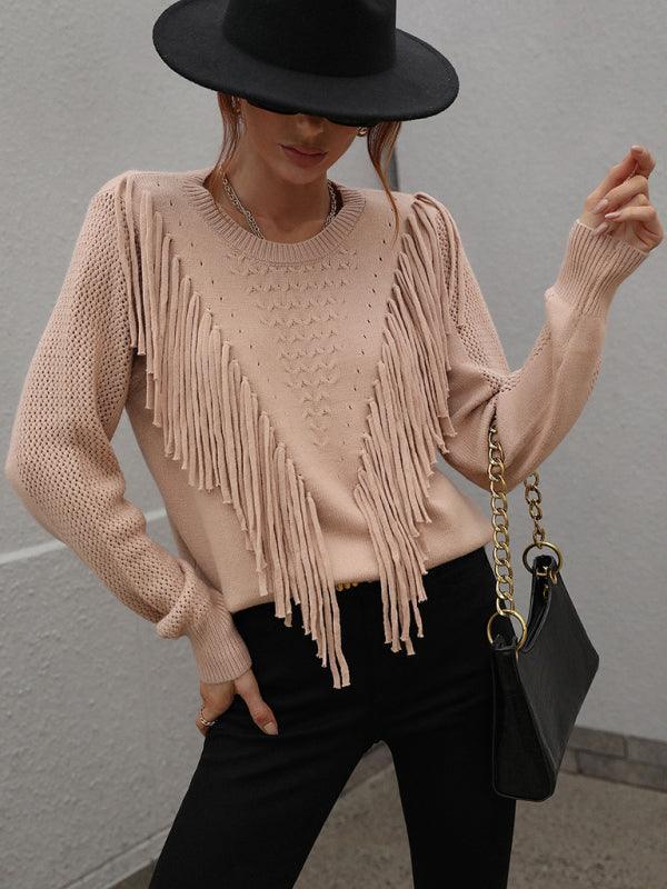 Pullover loose solid color knit fringed sweater - 808Lush