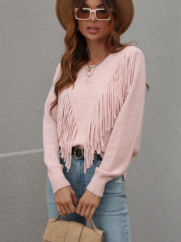 Pullover loose solid color knit fringed sweater - 808Lush