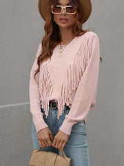 Pullover loose solid color knit fringed sweater - 808Lush