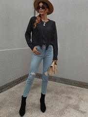 Pullover loose solid color knit fringed sweater - 808Lush