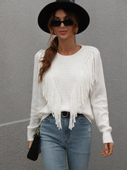 Pullover loose solid color knit fringed sweater - 808Lush