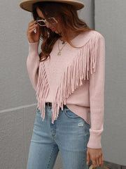 Pullover loose solid color knit fringed sweater - 808Lush