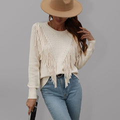 Pullover loose solid color knit fringed sweater - 808Lush