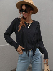 Pullover loose solid color knit fringed sweater - 808Lush