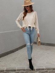 Pullover loose solid color knit fringed sweater - 808Lush