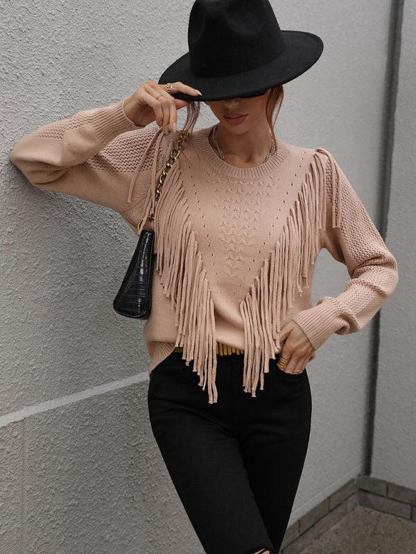 Pullover loose solid color knit fringed sweater - 808Lush