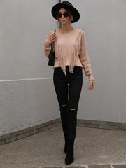 Pullover loose solid color knit fringed sweater - 808Lush