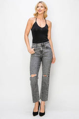 Women High Waist Distressed Straight Jeans - 808Lush
