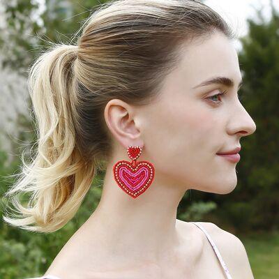 Rhinestone Beaded Heart Dangle Earrings - 808Lush