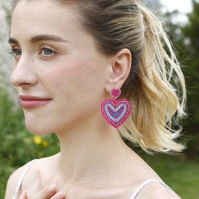 Rhinestone Beaded Heart Dangle Earrings - 808Lush