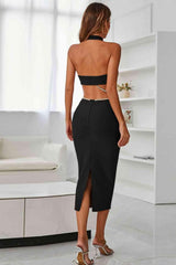Rhinestone Halter Neck Cutout Slit Midi Dress - 808Lush