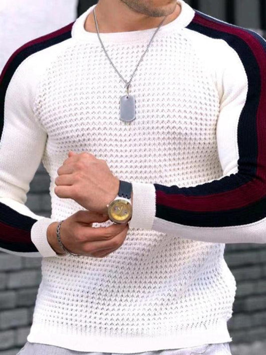 Round neck color contrast t-shirt men's casual loose bottoming sweater - 808Lush