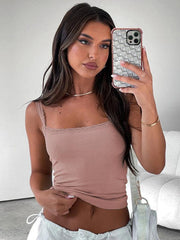 Sexy Versatile Slim Short Lace Stitching Pure Color Tank - 808Lush