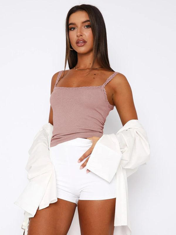 Sexy Versatile Slim Short Lace Stitching Pure Color Tank - 808Lush