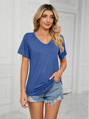 Short Sleeve V Neck Gathered Loose T-Shirt Top Ladies - 808Lush