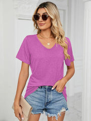 Short Sleeve V Neck Gathered Loose T-Shirt Top Ladies - 808Lush