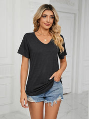 Short Sleeve V Neck Gathered Loose T-Shirt Top Ladies - 808Lush