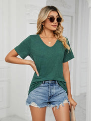 Short Sleeve V Neck Gathered Loose T-Shirt Top Ladies - 808Lush