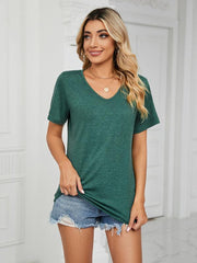 Short Sleeve V Neck Gathered Loose T-Shirt Top Ladies - 808Lush