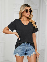 Short Sleeve V Neck Gathered Loose T-Shirt Top Ladies - 808Lush