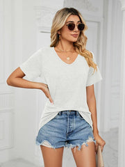 Short Sleeve V Neck Gathered Loose T-Shirt Top Ladies - 808Lush