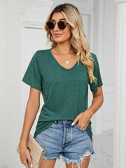 Short Sleeve V Neck Gathered Loose T-Shirt Top Ladies - 808Lush