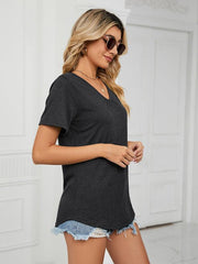 Short Sleeve V Neck Gathered Loose T-Shirt Top Ladies - 808Lush