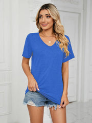 Short Sleeve V Neck Gathered Loose T-Shirt Top Ladies - 808Lush