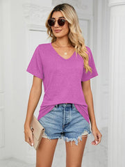 Short Sleeve V Neck Gathered Loose T-Shirt Top Ladies - 808Lush